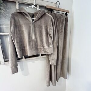Vuori Taupe Velour Half-Zip Hoodie & Wide Leg Track Pants Set